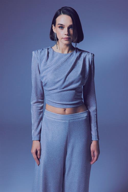 Wholesale Womens Silver Lurex Long-Sleeve Blouse with Shoulder Pads