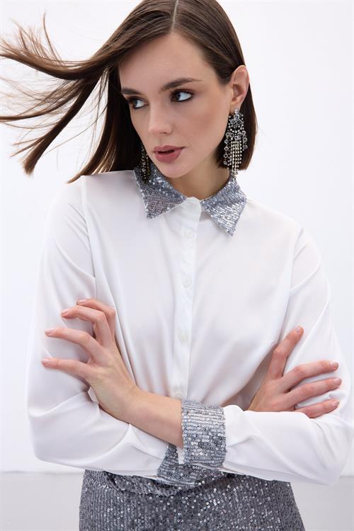 Wholesale Womens Silver Satin Shirt with Sequin-Embellished Collar and Cuffs