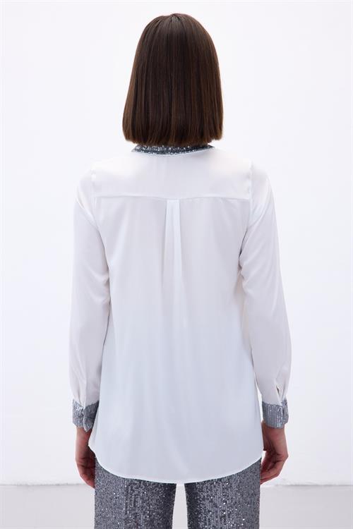 Wholesale Womens Silver Satin Shirt with Sequin-Embellished Collar and Cuffs