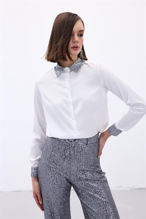 Wholesale Womens Silver Satin Shirt with Sequin-Embellished Collar and Cuffs