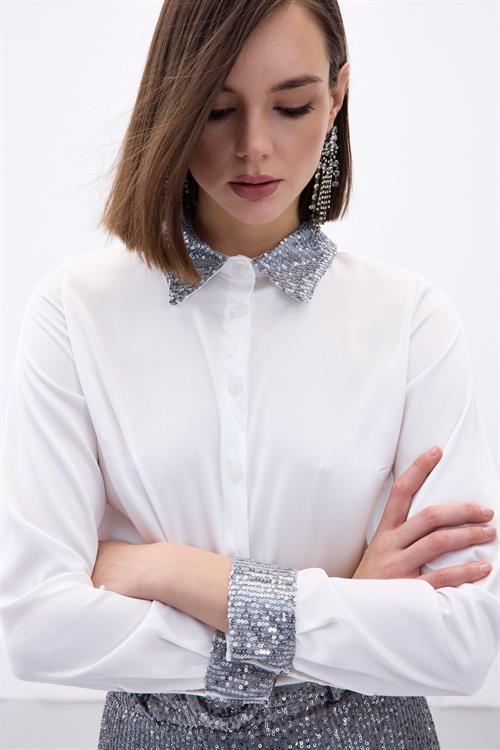 Wholesale Womens Silver Satin Shirt with Sequin-Embellished Collar and Cuffs