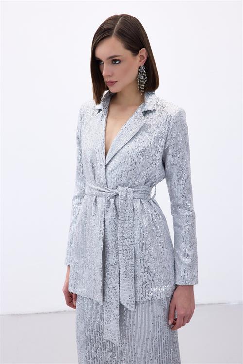 Wholesale Womens Silver Sequined Jacket with Sash
