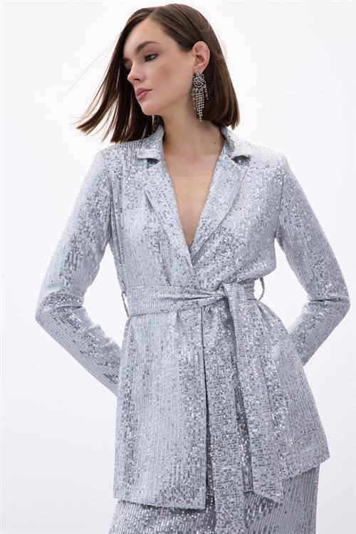 Wholesale Womens Silver Sequined Jacket with Sash