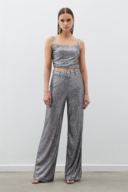 Wholesale Womens Silver Sequined Trousers with Belt