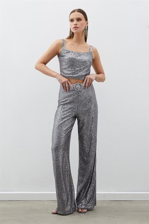 Wholesale Womens Silver Sequined Trousers with Belt