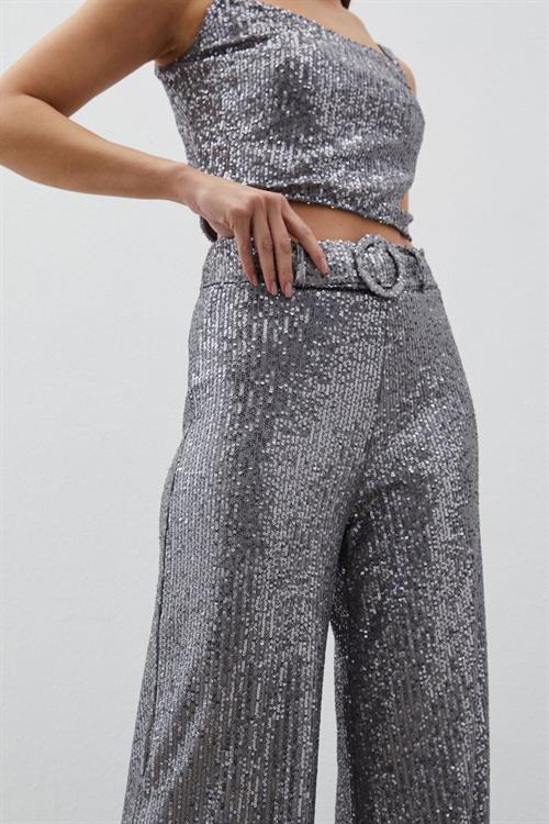 Wholesale Womens Silver Sequined Trousers with Belt