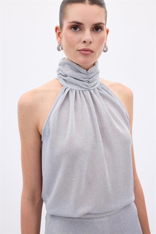 Wholesale Womens Silver Sleeveless Mock-Neck Lurex Blouse