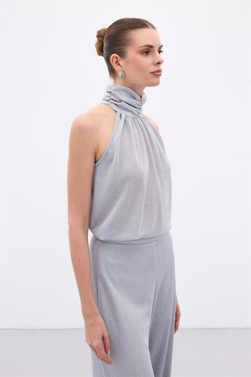 Wholesale Womens Silver Sleeveless Mock-Neck Lurex Blouse