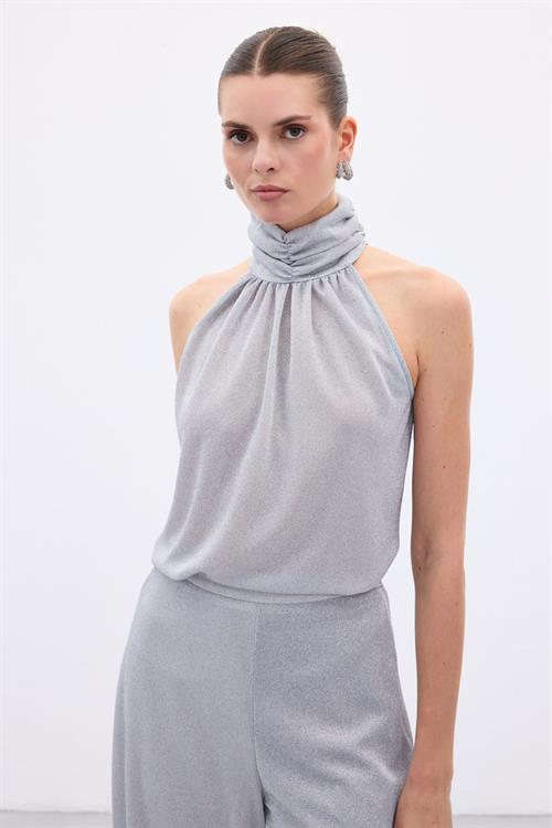 Wholesale Womens Silver Sleeveless Mock-Neck Lurex Blouse