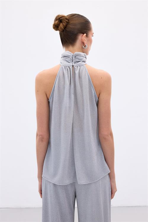 Wholesale Womens Silver Sleeveless Mock-Neck Lurex Blouse