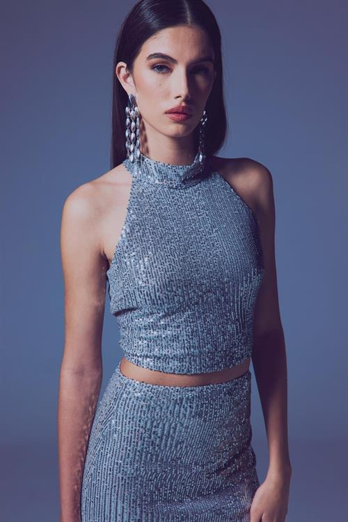 Wholesale Womens Silver Sleeveless Mock-Neck Sequined Blouse