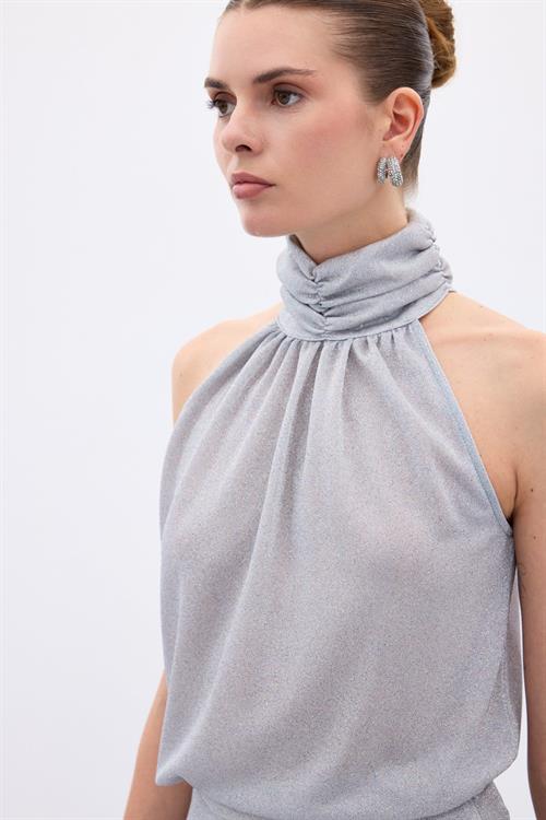 Wholesale Womens Silver Sleeveless Mock-Neck Lurex Blouse