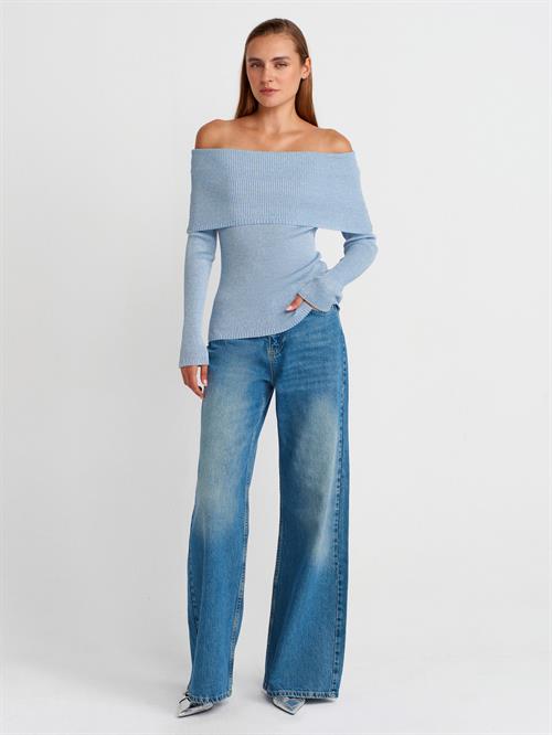 Wholesale Womens Sky Blue Lurex Ribbed Knit Sweater with Carmen Collar