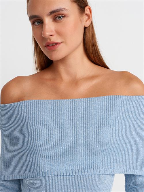 Wholesale Womens Sky Blue Lurex Ribbed Knit Sweater with Carmen Collar