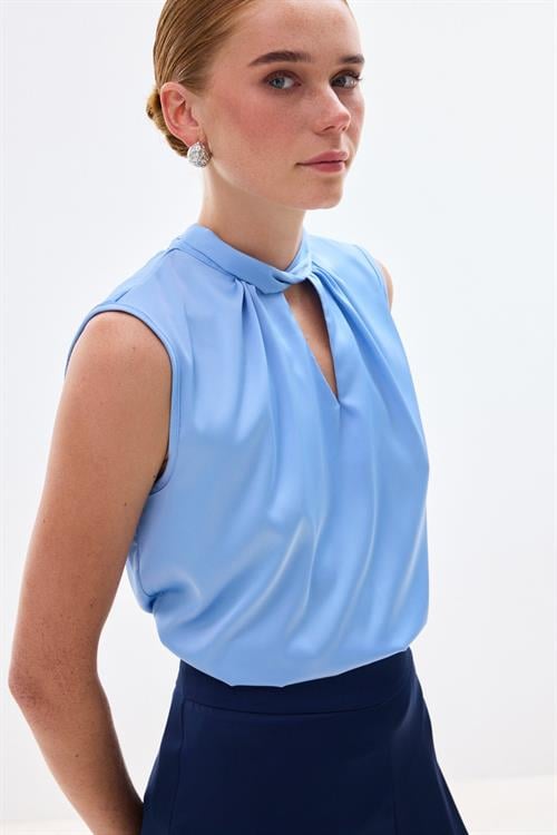 Wholesale Womens Sky Blue Sleeveless Mock-Neck Satin Blouse