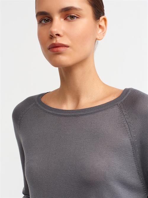 Wholesale Womens Smoke Gray Fine Knit Blouse with Raglan Sleeves and Side Slits
