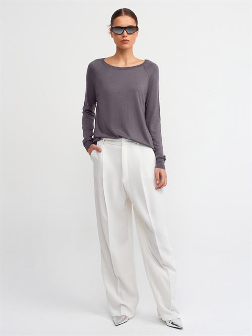 Wholesale Womens Smoke Gray Fine Knit Blouse with Raglan Sleeves and Side Slits