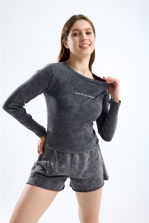 Wholesale Womens Smoke Gray Long-Sleeve Ribbed T-Shirt