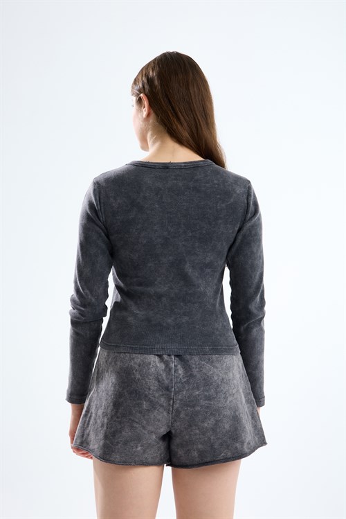 Wholesale Womens Smoke Gray Long-Sleeve Ribbed T-Shirt