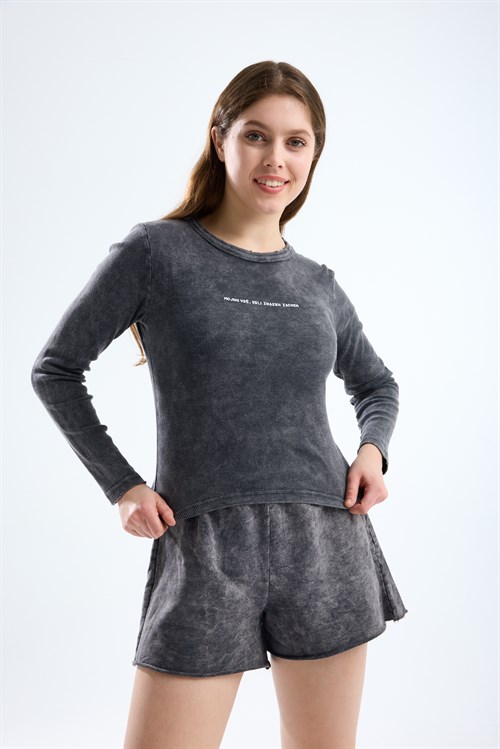 Wholesale Womens Smoke Gray Long-Sleeve Ribbed T-Shirt