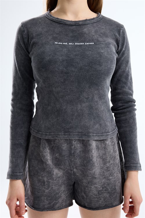 Wholesale Womens Smoke Gray Long-Sleeve Ribbed T-Shirt