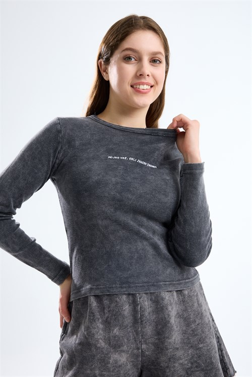 Wholesale Womens Smoke Gray Long-Sleeve Ribbed T-Shirt