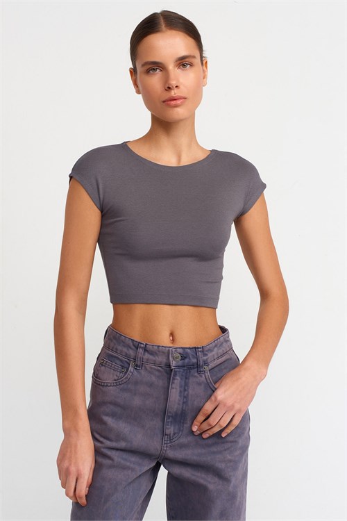 Wholesale Womens Smoke Gray Modal-Cotton Cropped T-Shirt