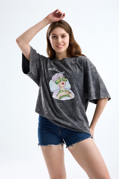 Wholesale Womens Smoke Gray Oversized Printed T-Shirt