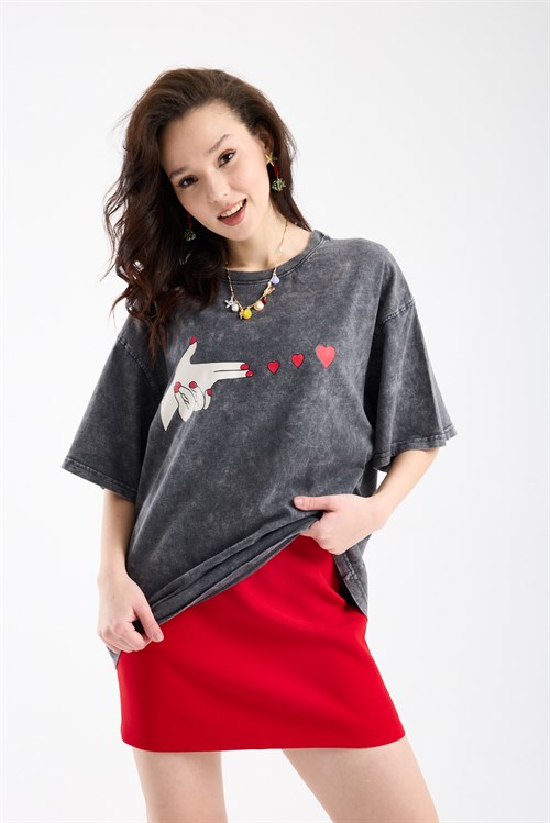 Wholesale Womens Smoke Gray Oversized Printed T-Shirt