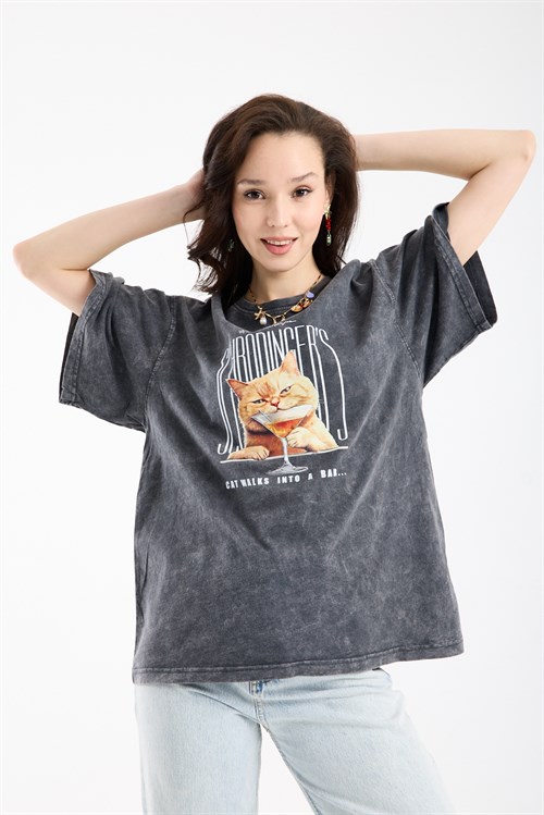 Wholesale Womens Smoke Gray Oversized Printed T-Shirt