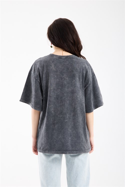 Wholesale Womens Smoke Gray Oversized Printed T-Shirt