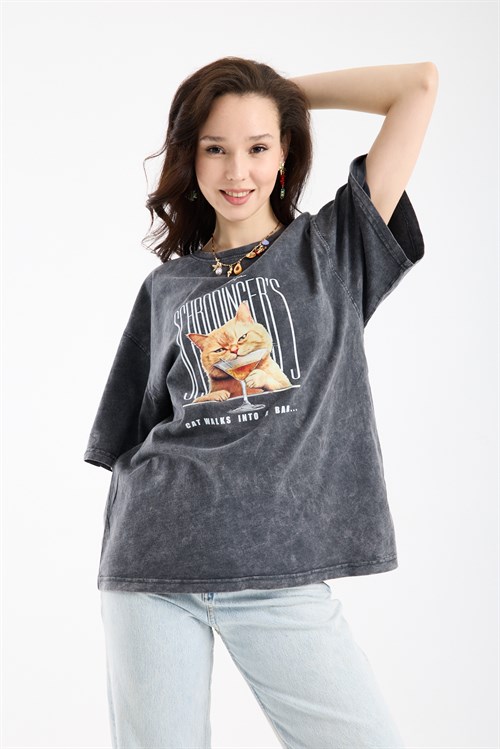 Wholesale Womens Smoke Gray Oversized Printed T-Shirt