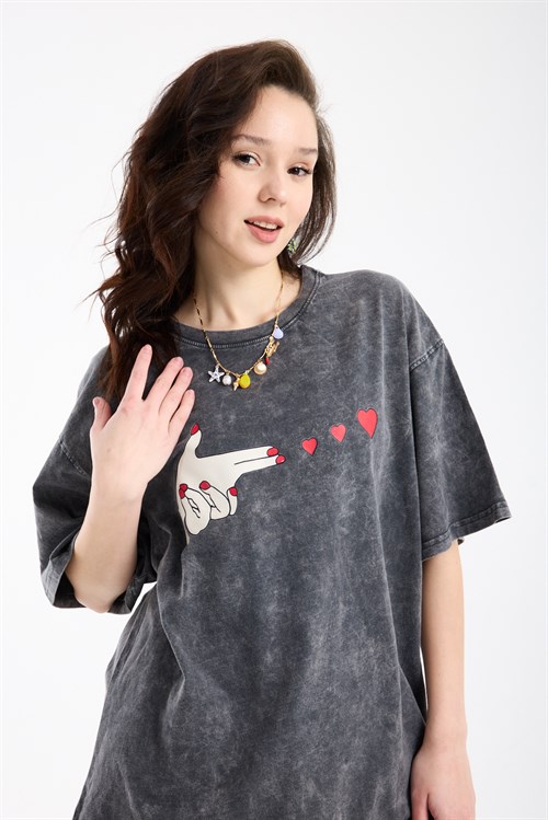 Wholesale Womens Smoke Gray Oversized Printed T-Shirt