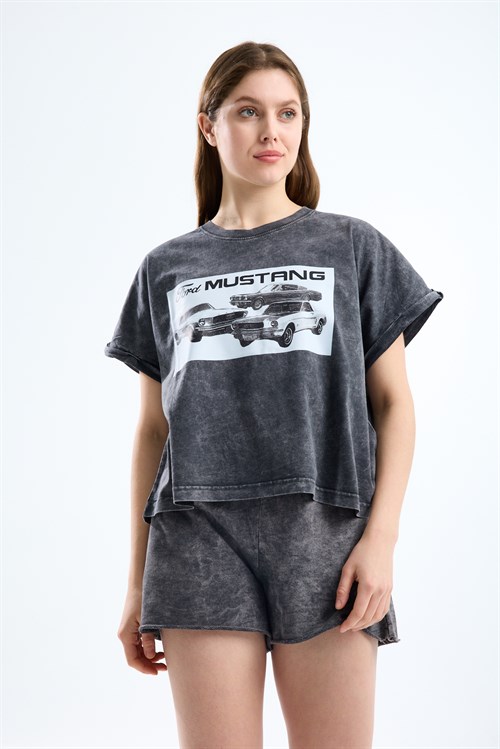 Wholesale Womens Smoke Gray Oversized Printed T-Shirt