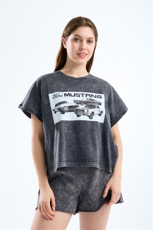 Wholesale Womens Smoke Gray Oversized Printed T-Shirt