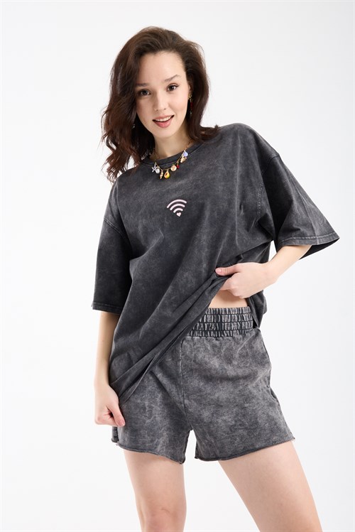 Wholesale Womens Smoke Gray Oversized Printed T-Shirt