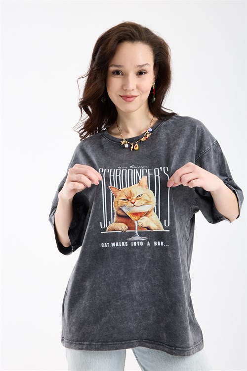 Wholesale Womens Smoke Gray Oversized Printed T-Shirt