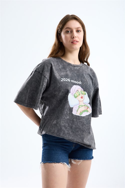 Wholesale Womens Smoke Gray Oversized Printed T-Shirt