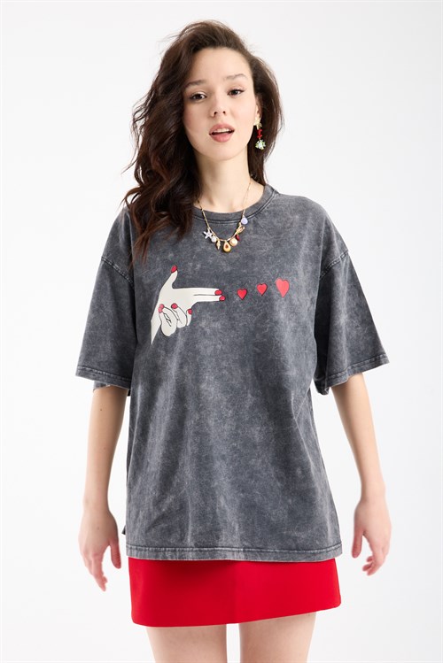 Wholesale Womens Smoke Gray Oversized Printed T-Shirt
