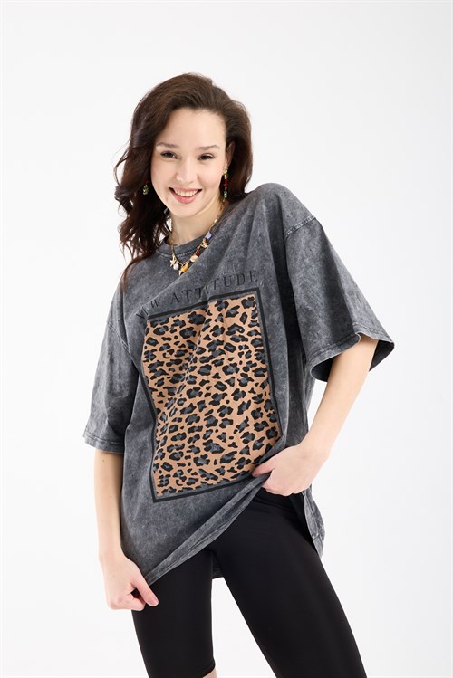 Wholesale Womens Smoke Gray Oversized Printed T-Shirt