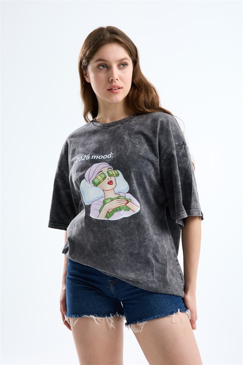 Wholesale Womens Smoke Gray Oversized Printed T-Shirt
