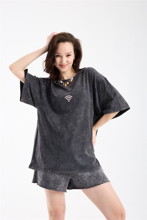 Wholesale Womens Smoke Gray Oversized Printed T-Shirt