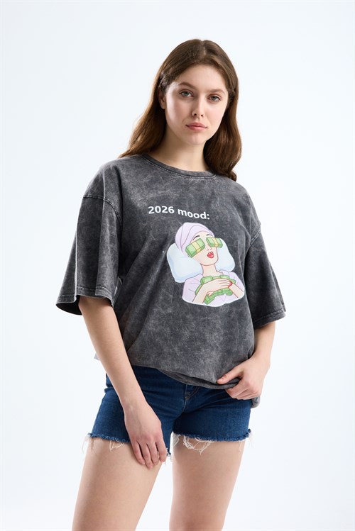 Wholesale Womens Smoke Gray Oversized Printed T-Shirt