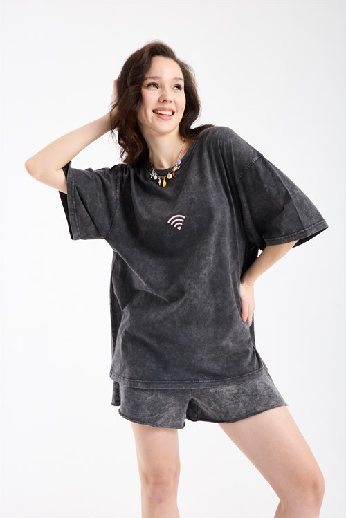Wholesale Womens Smoke Gray Oversized Printed T-Shirt
