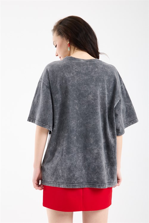 Wholesale Womens Smoke Gray Oversized Printed T-Shirt