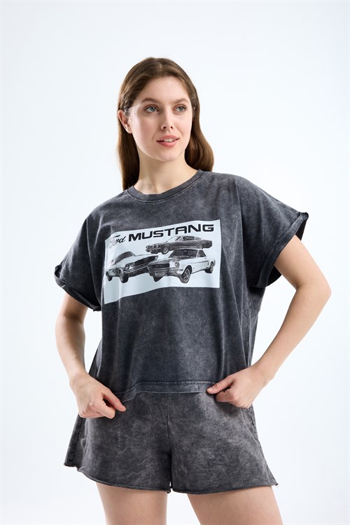Wholesale Womens Smoke Gray Oversized Printed T-Shirt
