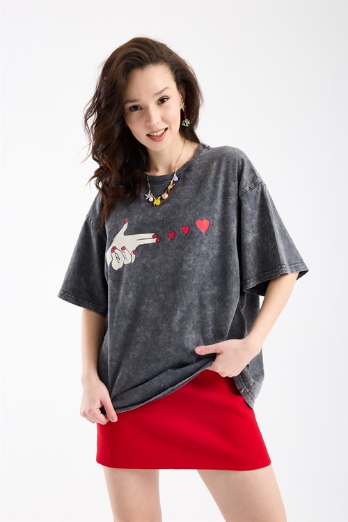Wholesale Womens Smoke Gray Oversized Printed T-Shirt