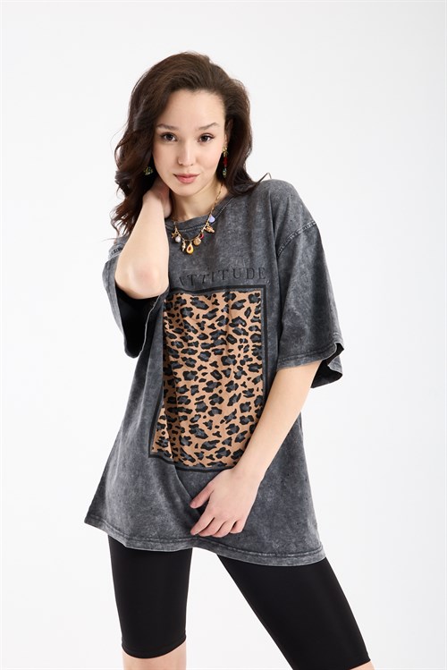 Wholesale Womens Smoke Gray Oversized Printed T-Shirt