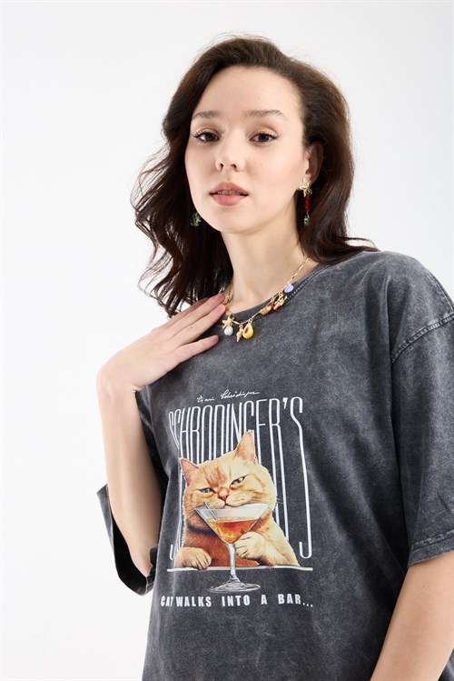 Wholesale Womens Smoke Gray Oversized Printed T-Shirt
