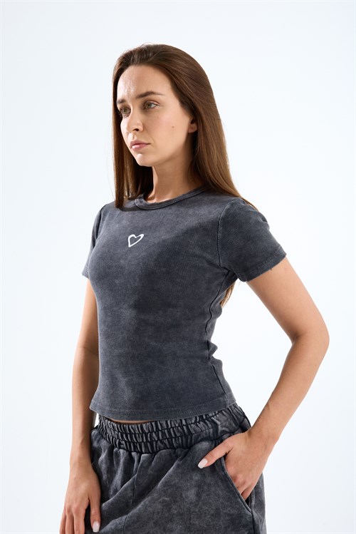 Wholesale Womens Smoke Gray Short-Sleeve Ribbed T-Shirt